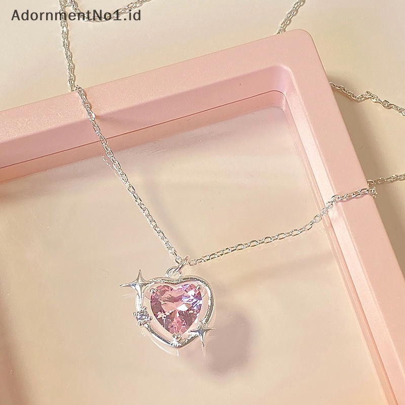 [AdornmentNo1] Gaya korea Fashion Vintage Hollow Pink kristal liontin hati warna Silver kalung rantai leher untuk wanita perhiasan pernikahan