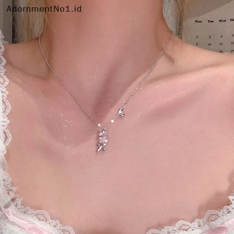 [AdornmentNo1] Bunga Tulip merah muda kalung Choker warna Silver rantai klavikula Fashion berlian imitasi kalung untuk wanita pesta pernikahan perhiasan hadiah