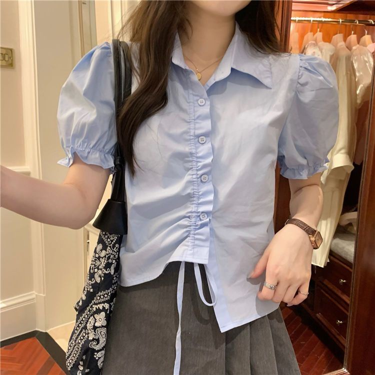 Polo Blouse Wanita Serut Puff Lengan Pendek Premium Top