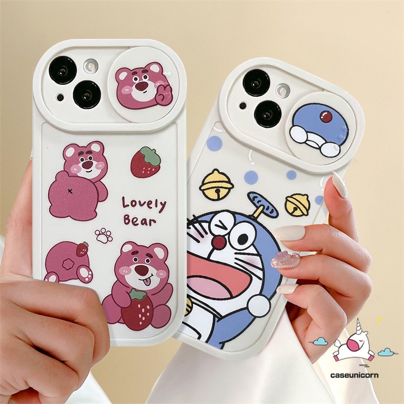 IPHONE Cute Strawberry Bear Manyo Pull Push Window Camera Protection Phone Case Kompatibel Untuk Iphone7 8 Plus 13 11 12 Pro MAX XR 7plus X XS MAX Kartun Dinosaurus Lucu Doraemon Soft Case