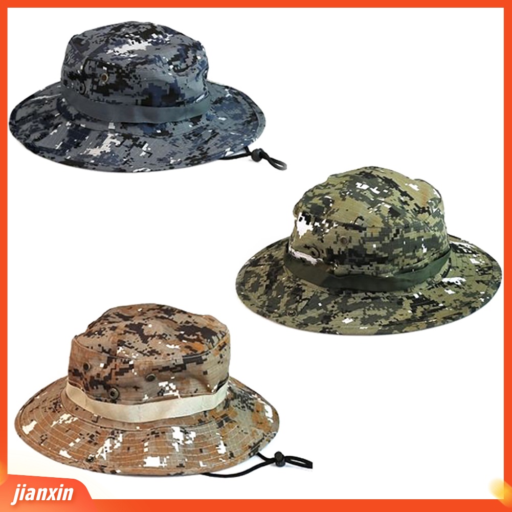 (In Stock) Panas Unisex Pinggiran Lebar Kamuflase Hiking Outdoor Memancing Bucket Boonie Sun Hat