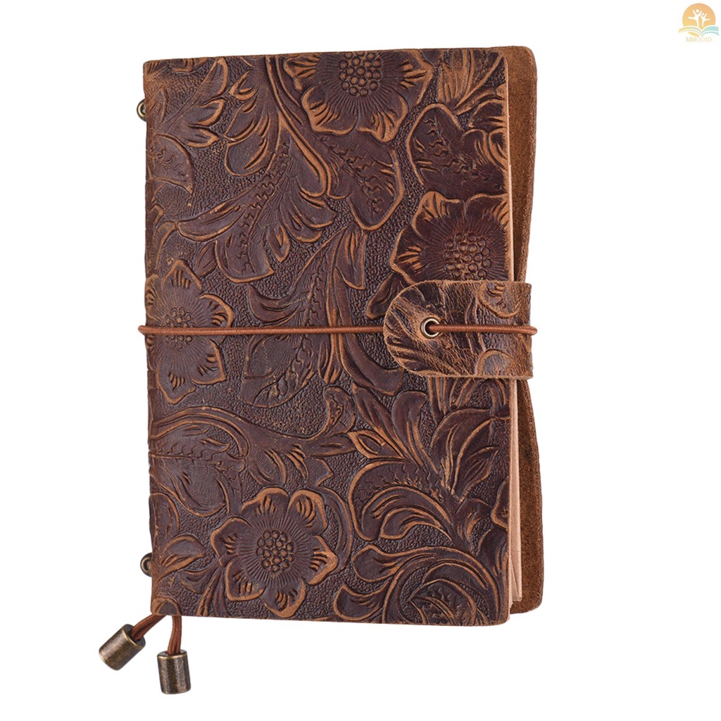 In Stock Vintage Full Grain Leather Refillable Travel Journal Notebook Diary Motif Bunga Timbul Harian Notepad Cover Dengan Tali Elastis Untuk Pria &amp; Wanita Hadiah