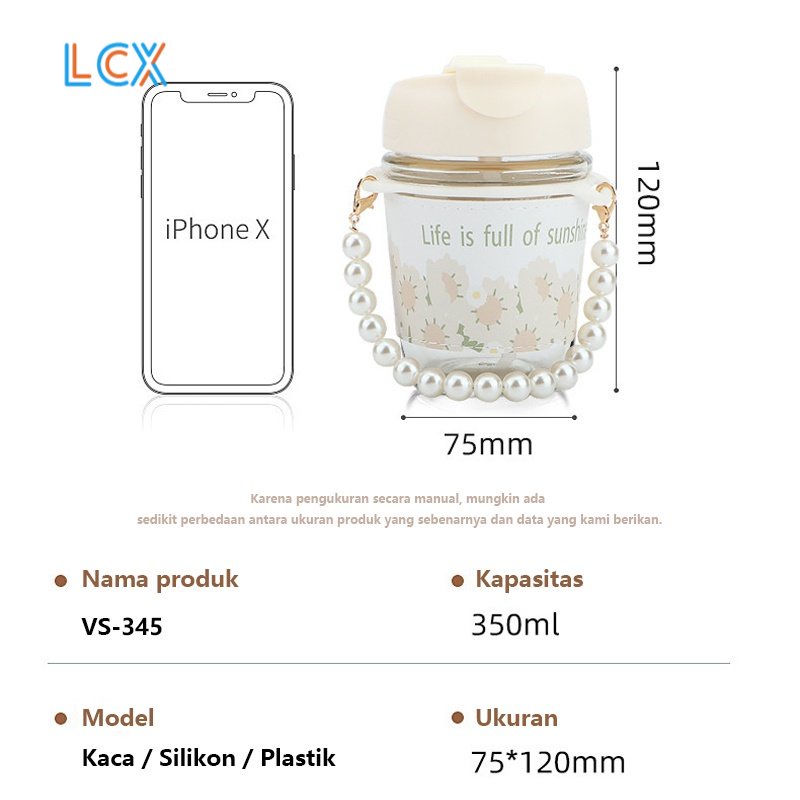 LCX Tumbler Kaca / Botol Lucu Tali Mutiara / Gelas Minum Kaca Simple Elegan Water Bottle Cup For Coffee VS-345