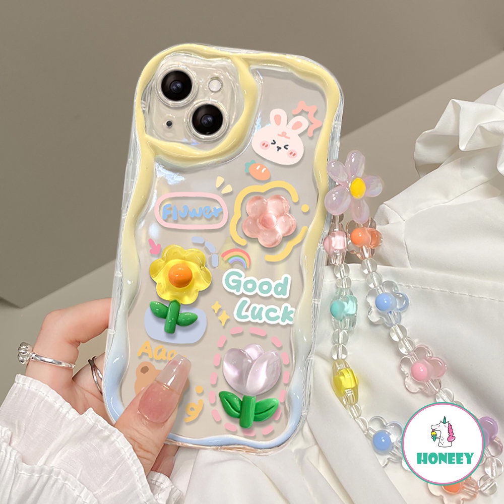 IPHONE Korea 3D Beruang Kelinci Bunga Telepon Rantai Lanyard Bening Soft Case Untuk Iphone11 14 Pro Max12 13 Pro Max Mewah Lucu Penutup Belakang