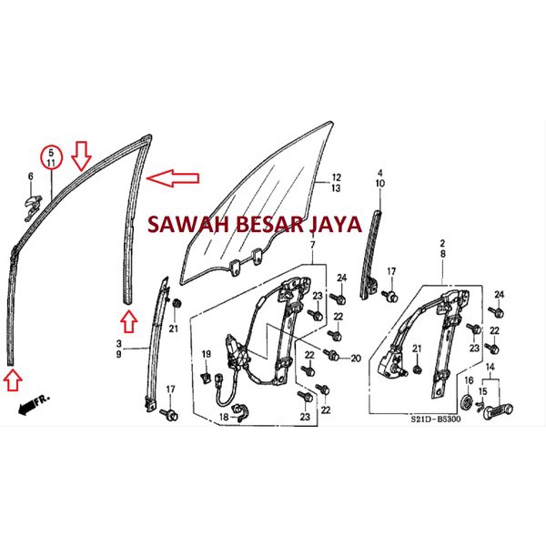 Karet Run Channel Rel Kaca Jendela Pintu Depan Kanan Honda Civic Ferio 1996 1997 1998 1999 2000 ORIG
