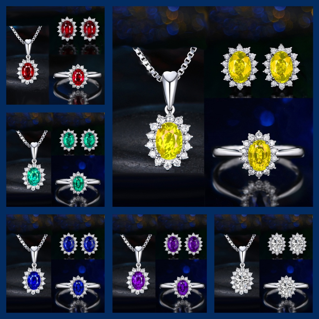 Goldkingdom Fashion Perhiasan Aksesoris Ready Stock Berlian Penuh Safir Putri Mahkota Kalung Set Eropa Dan Amerika Pertunangan Cincin Anting Liontin Perempuan