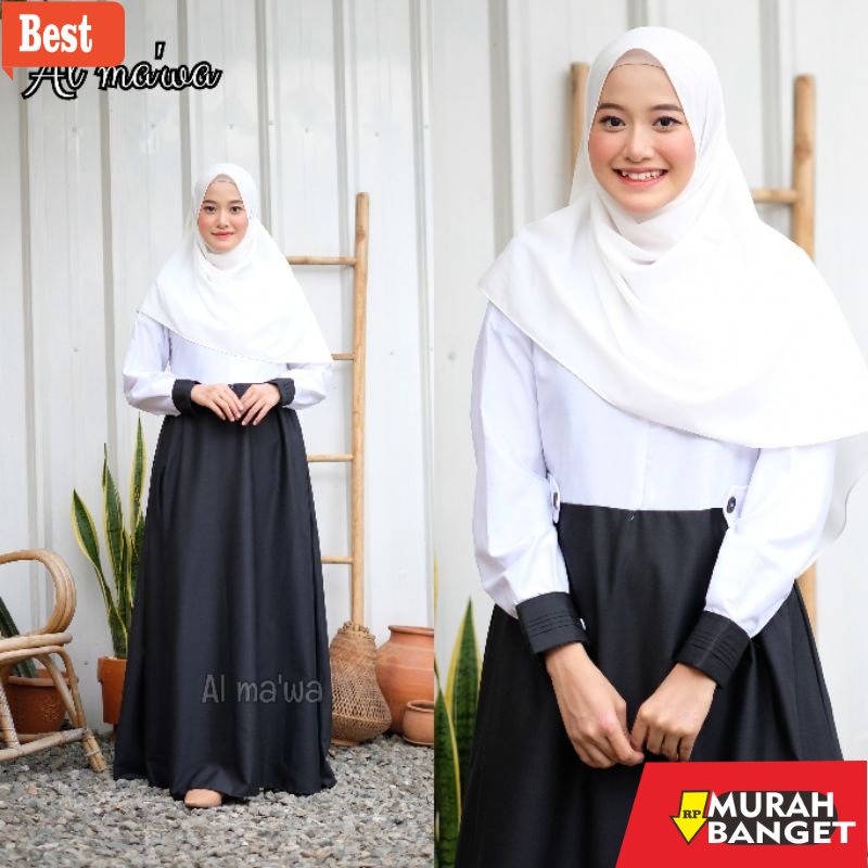 Tren baju lebaran wanita 2023- Gamis hitam putih kerja .pns. (FULL TOYOBO)