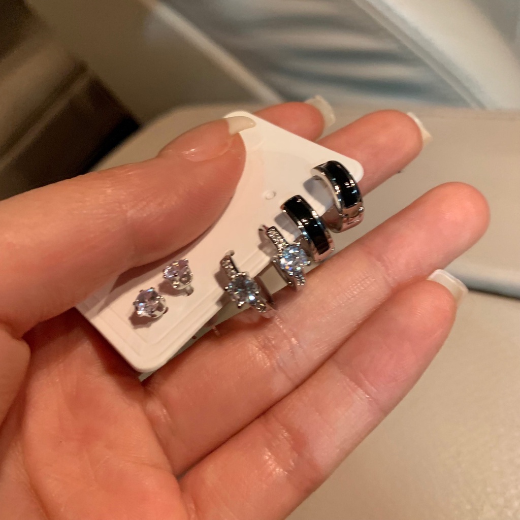 AY(CN) Ay (CN) 6Pcs/Set Anting Hoop Hitam Set Anting Simple Kristal Silver Untuk Aksesoris Perhiasan Wanita