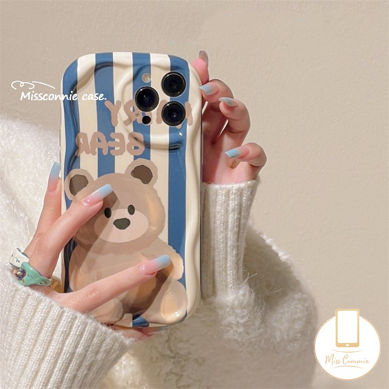 Case Garis Beruang Kartun Lucu Kompatibel Untuk iPhone 7Plus XR 11 Pro Max 6s 8 6 7 Plus 14 13 12 Pro Max X XS Max SE 2020 3D Wavy Curved Edge Glossy Airbag Lembut Tpu Shockproof Cover