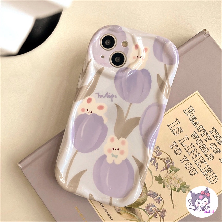 IPHONE Kompatibel Untuk Iphone14 13 12 11 Pro Max SE 2020 X XR Xs Max7 8 6 6s Plus Cute Purple Tulip Rabbit Wave Edge Phone Case Silikon Lembut Perlindungan Anti Jatuh Back Cover