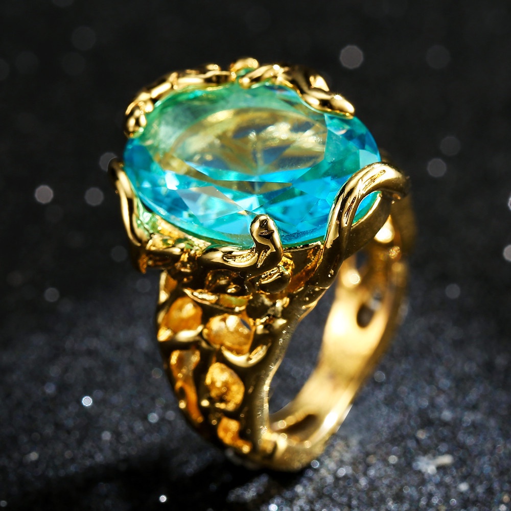 Goldkingdom Aksesoris Perhiasan Fashion Ready Stock Berlapis Dengan Emas 18K, Mendominasi Cincin Berlubang-out Eropa Dan Amerika, Cincin Kristal Biru