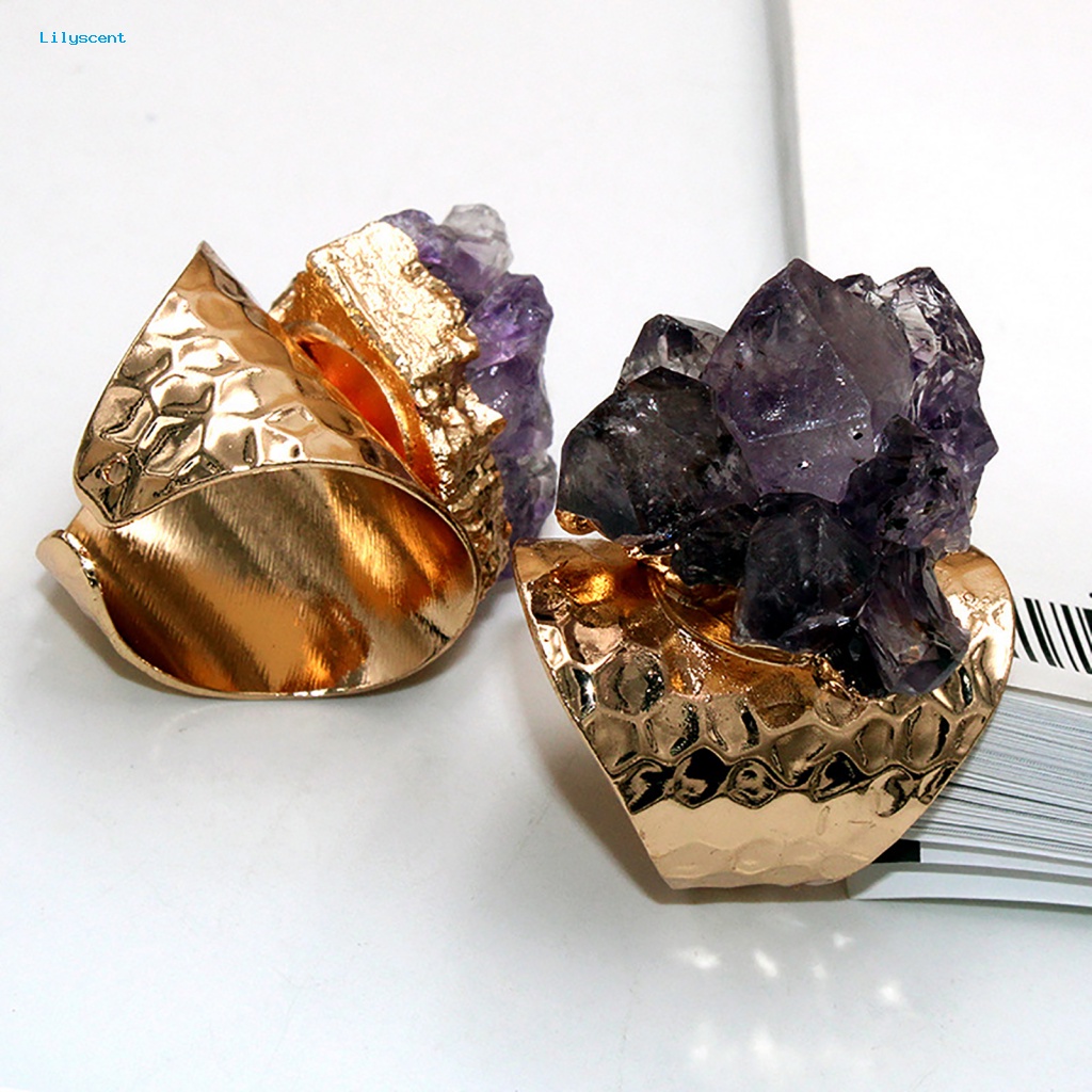 Lilyscent Retro Adjustable Open Band Natural Amethyst Jari Cincin Perhiasan Aksesori Hadiah