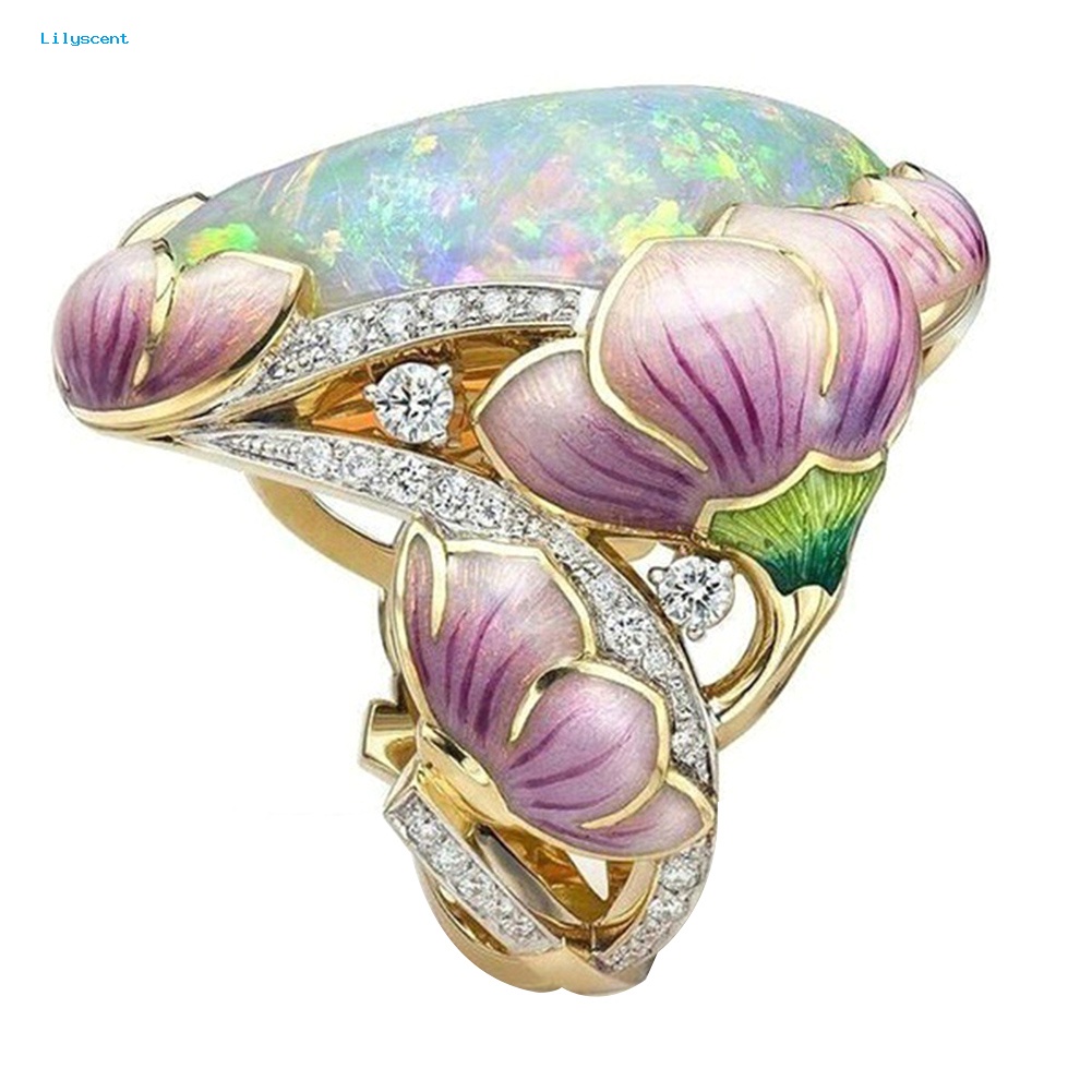 Lilyscent Elegan Wanita Berlian Imitasi Imitasi Opal Hias Lotus Floral Cincin Pesta Perhiasan Hadiah