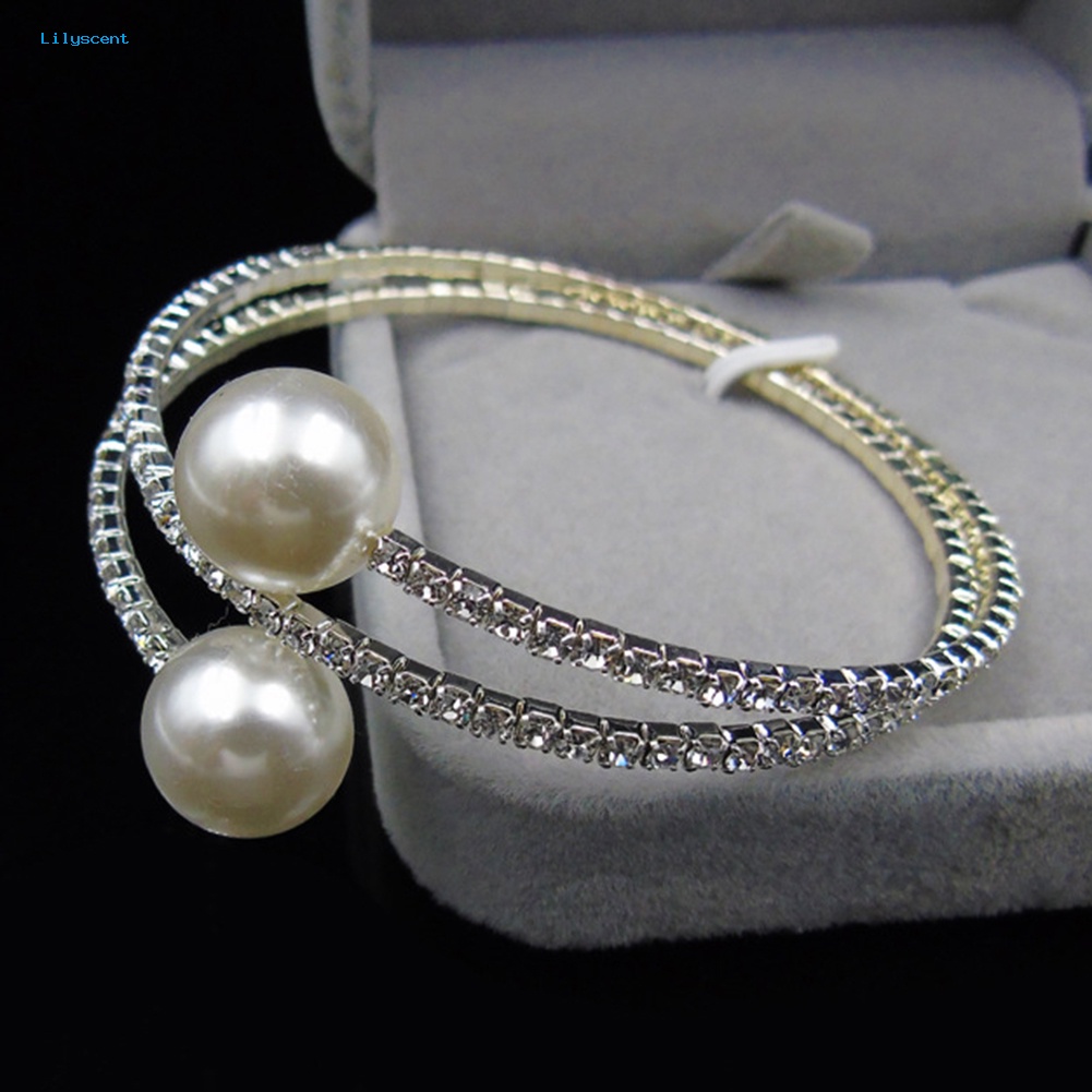 Lilyscent Wanita Penuh Berlian Imitasi Multi-layer Gelang Pergelangan Tangan Mutiara Imitasi Cuff Open Bangle