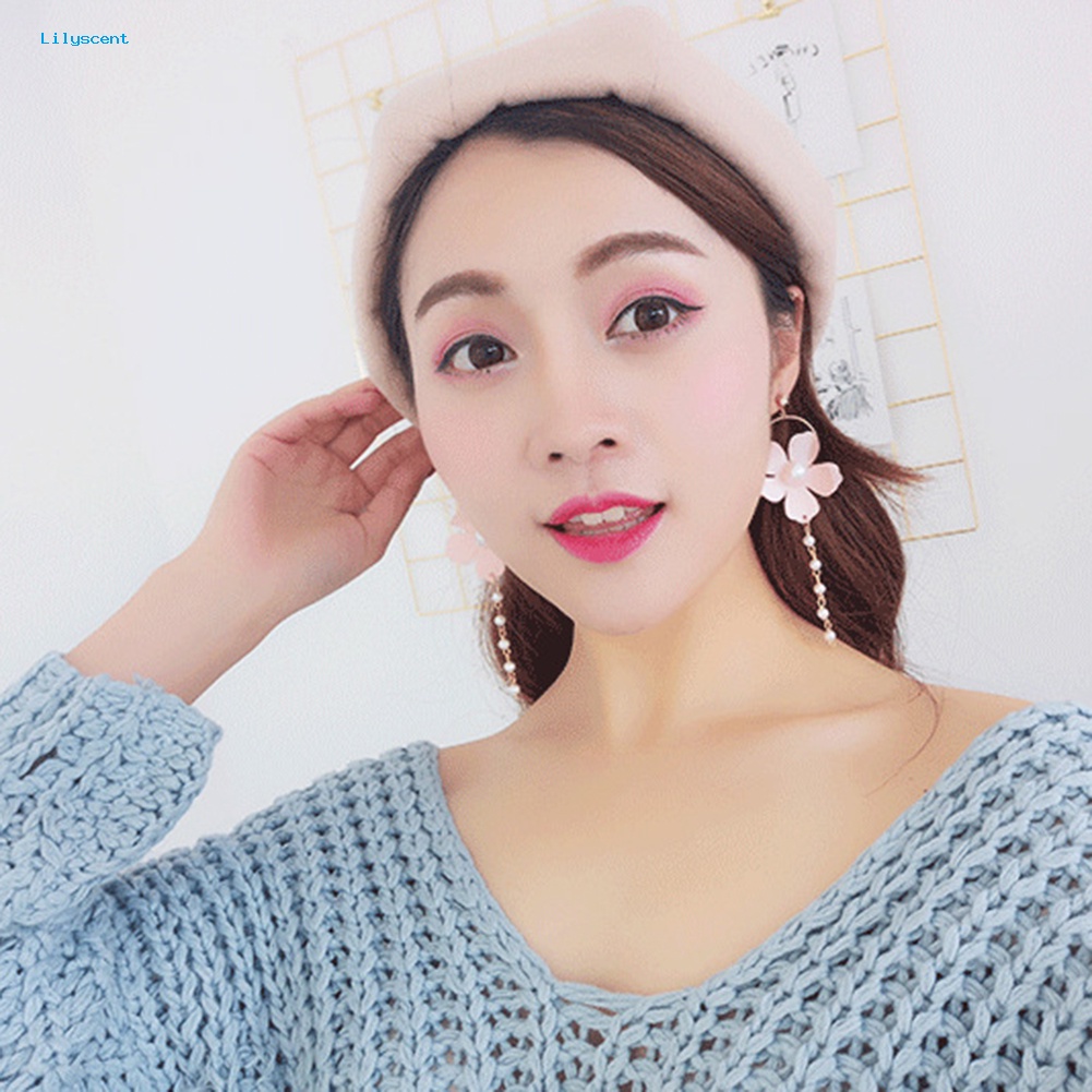 Lilyscent Fashion Wanita Sifon Bunga Mutiara Imitasi Lingkaran Panjang Menjuntai Stud Earrings Perhiasan