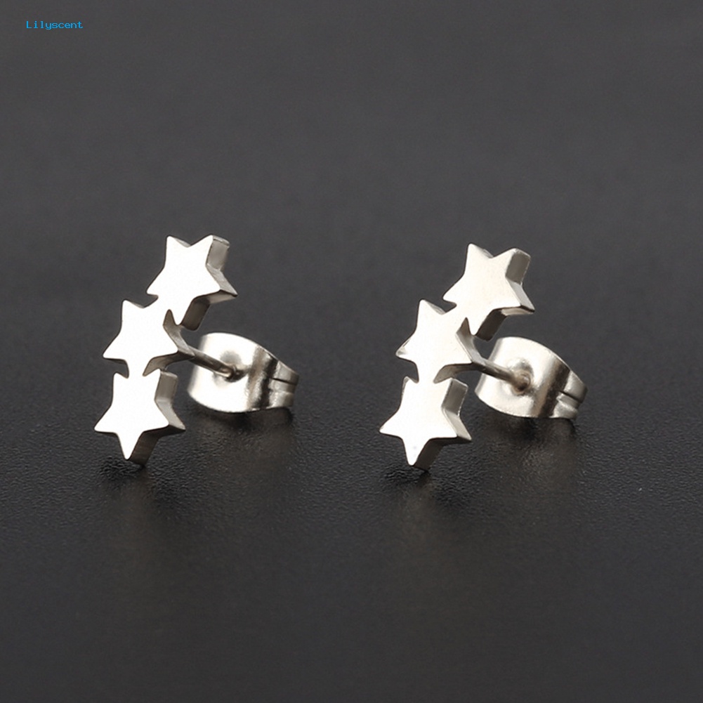 Lilyscent Chic Triple Star Ear Studs Stainless Steel Anting Wanita Tindik Perhiasan Pesona