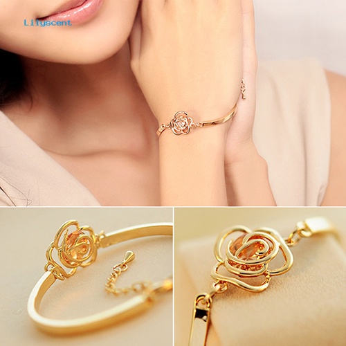 Lilyscent Wanita Emas Bunga Kristal Rose Bangle Cuff Rantai Gelang Chic Perhiasan Hadir