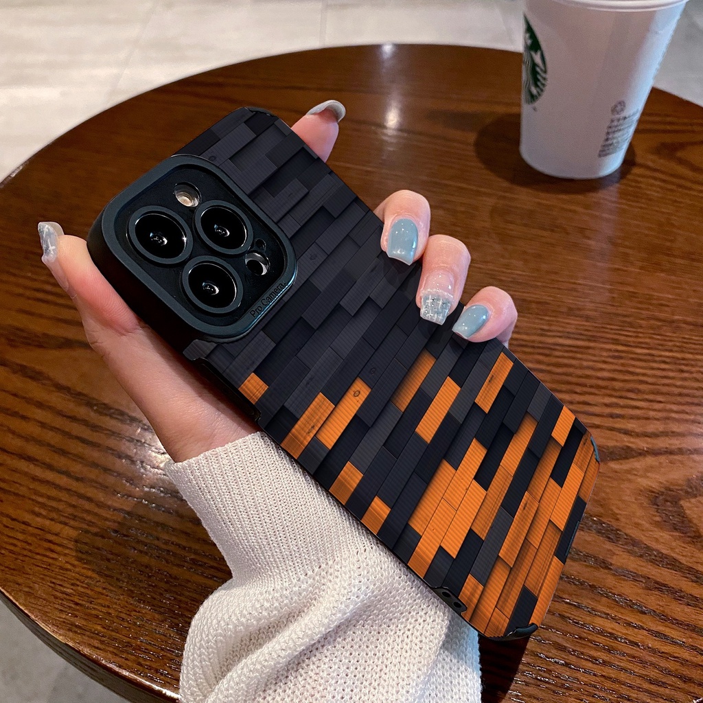 [Kulit Domba] 3D Hitam Orange Kisi Persegi Soft CASE Untuk IPhone 6S 7plus8 Plus X XS XR XS Max 11 13 12 14 PRO Max 14 Plus 12 13 Kamera Mini Melindungi Ponsel CASE Pria