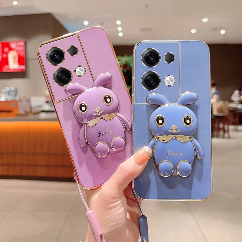 Andyh Case Handphone Untuk OPPO Reno8 Pro+5G Kartun Lucu Kelinci Kecil Tepi Lurus Shell Lembut Mengirim lanyard Silikon