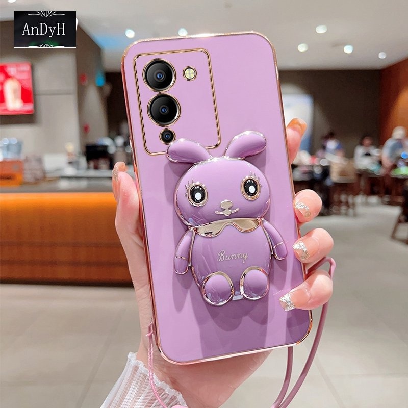 Andyh Case Ponsel Untuk Infinix Note12 G96 X670 Lucu Kartun Kelinci Kecil Tepi Lurus Soft Shell Mengirim lanyard Silikon