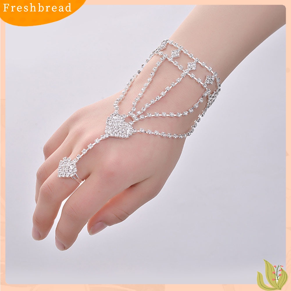 &lt; Freshbread &gt; Fashion Hati Busur Berlian Imitasi Sarung Tangan Gelang Tangan Rantai Belakang Jari Cincin Perhiasan