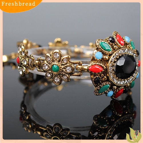 &lt; Freshbread &gt; Lady Vintage Bohemia Gelang Rantai Warna-Warni Resin Berlian Imitasi Berlapis Emas Bangle