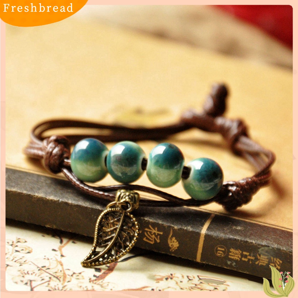 &lt; Freshbread &gt; Etnik Daun Kucing Pesona Keramik Manik-Manik Gelang Wanita Handwoven Perhiasan Hadiah