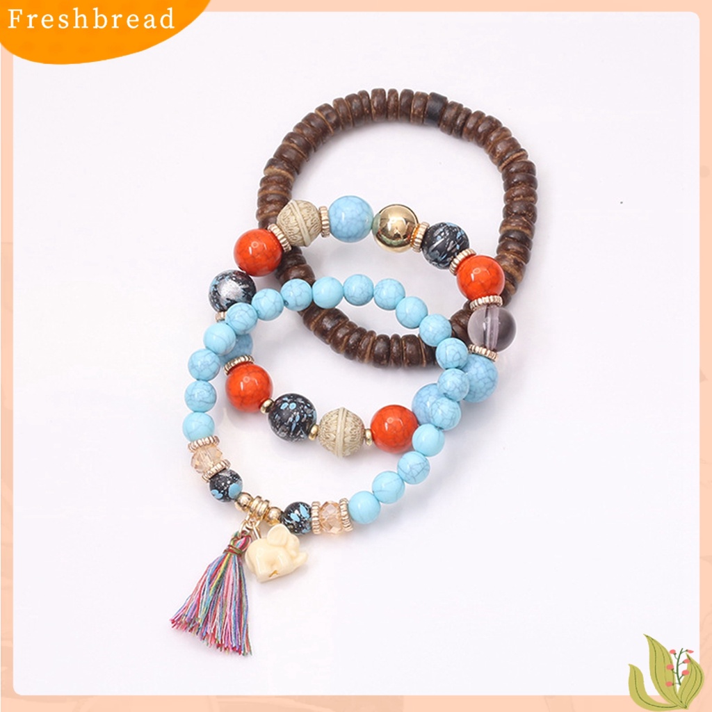 &lt; Freshbread &gt; 3Pcs Manik-Manik Kayu Rumbai Kombinasi Resin Gelang Hadiah Perhiasan Aksesoris