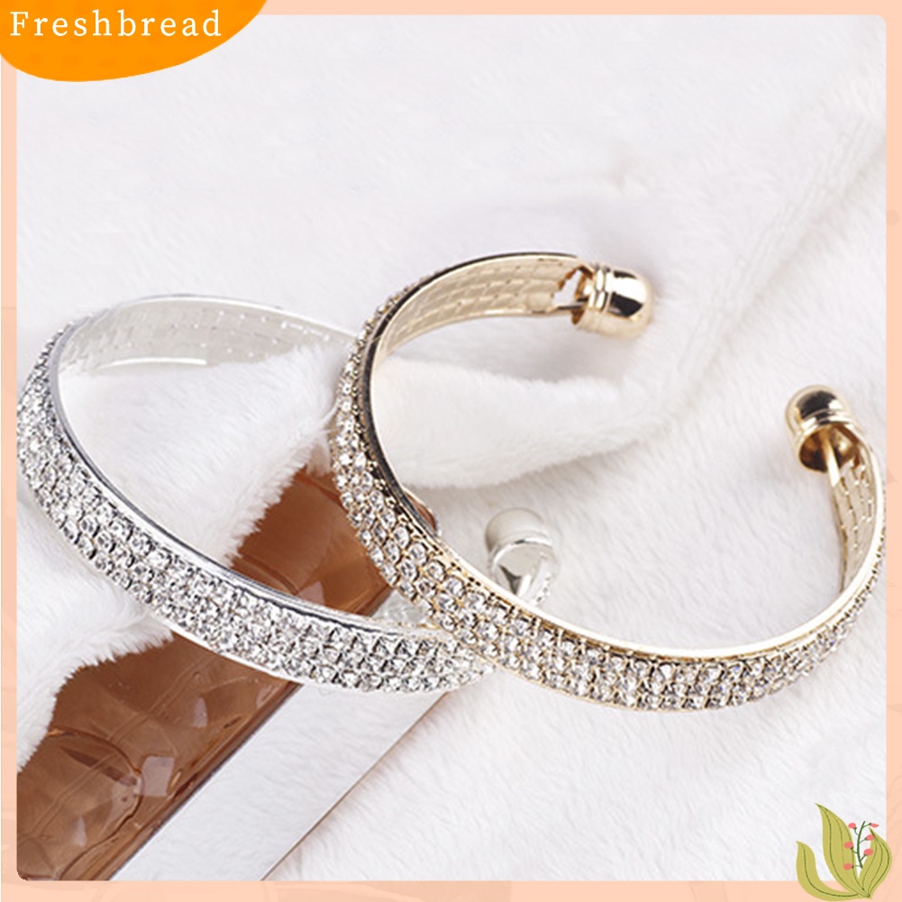 &lt; Freshbread &gt; 3baris Berlian Imitasi Mengkilap Pernikahan Pengantin Gelang Ujung Terbuka Bangle Lady Jewelry