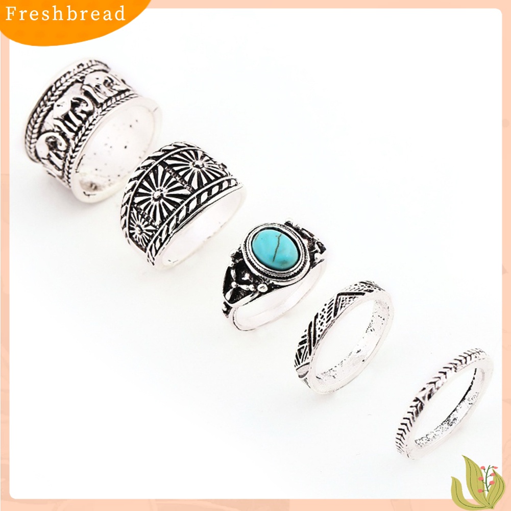 &lt; Freshbread &gt; 5Pcs/Set Wanita Gajah Turquoise Knuckle Ring Ukir Vintage Stacking Rings