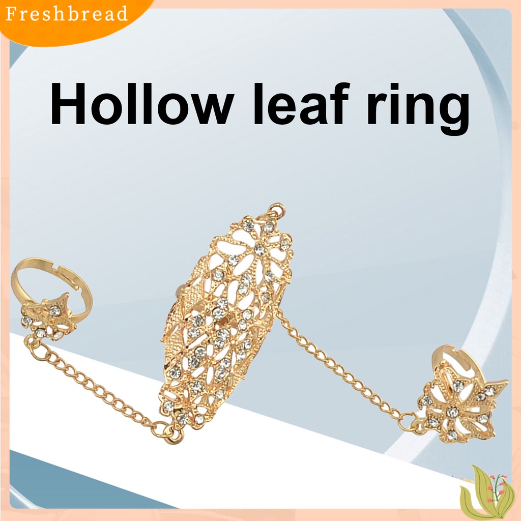 &lt; Freshbread &gt; Opening Ring Berlian Imitasi Tertanam Alloy Warna Emas Berlubang-out Leaf Dual Finger Chain Ring Untuk Pacaran