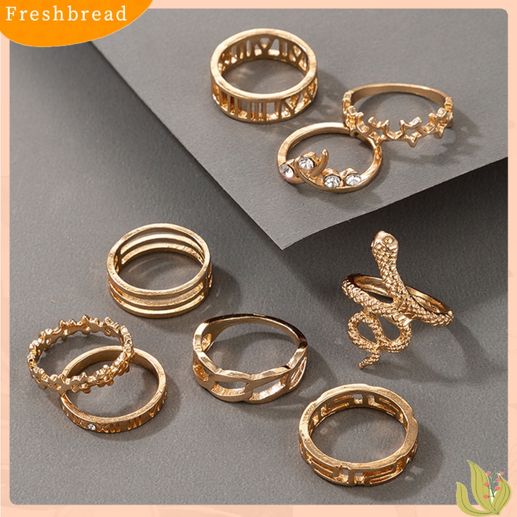 &lt; Freshbread &gt; 9Pcs/Set Cincin Gothic Desain Hollow Perhiasan Aksesori Tahan Aus Shiny Bentuk Ular Cincin Wanita Untuk Outdoor