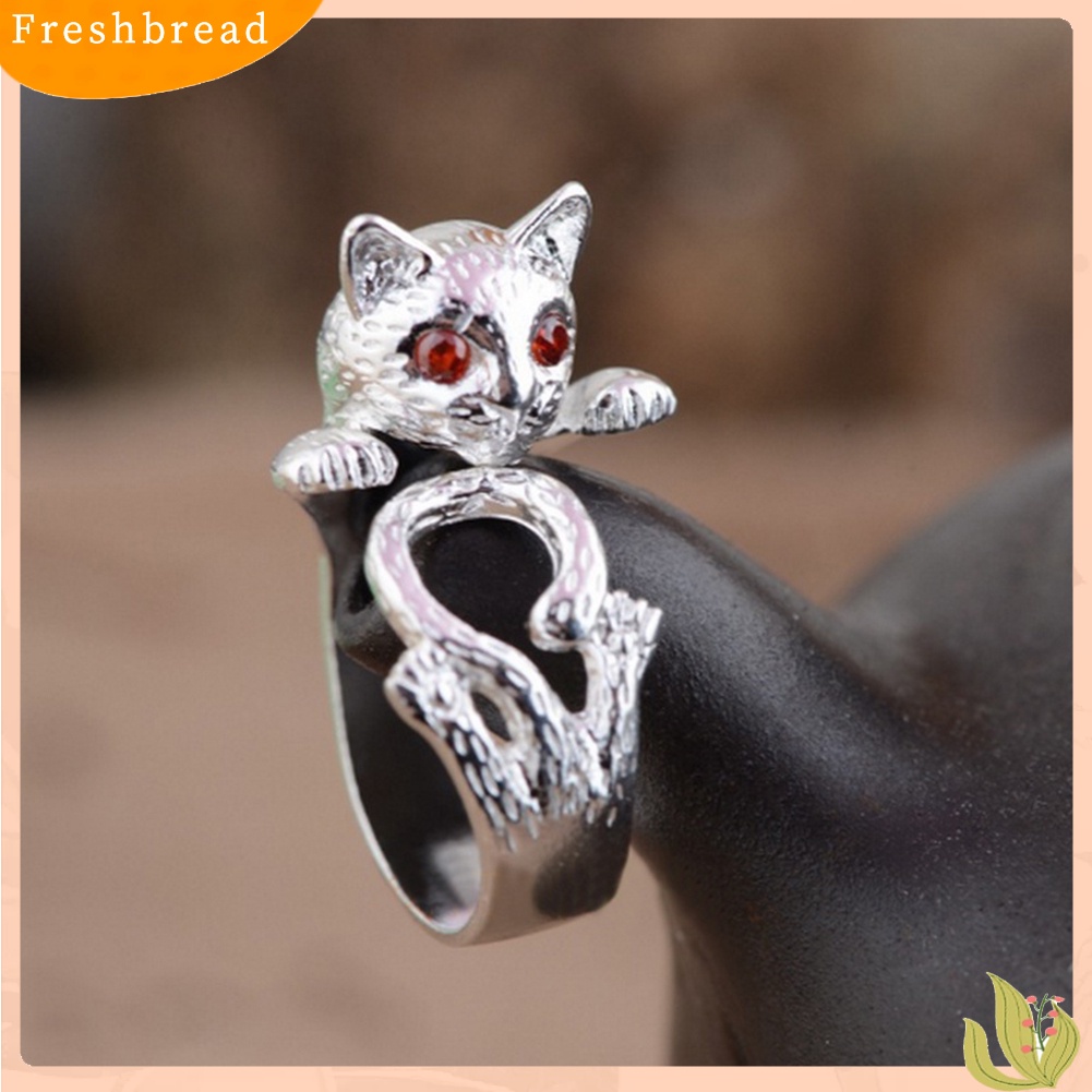 &lt; Freshbread &gt; Retro Wanita Mata Merah Kucing Beruntung Bentuk Kucing Berlian Imitasi Terbuka Jari Cincin Perhiasan