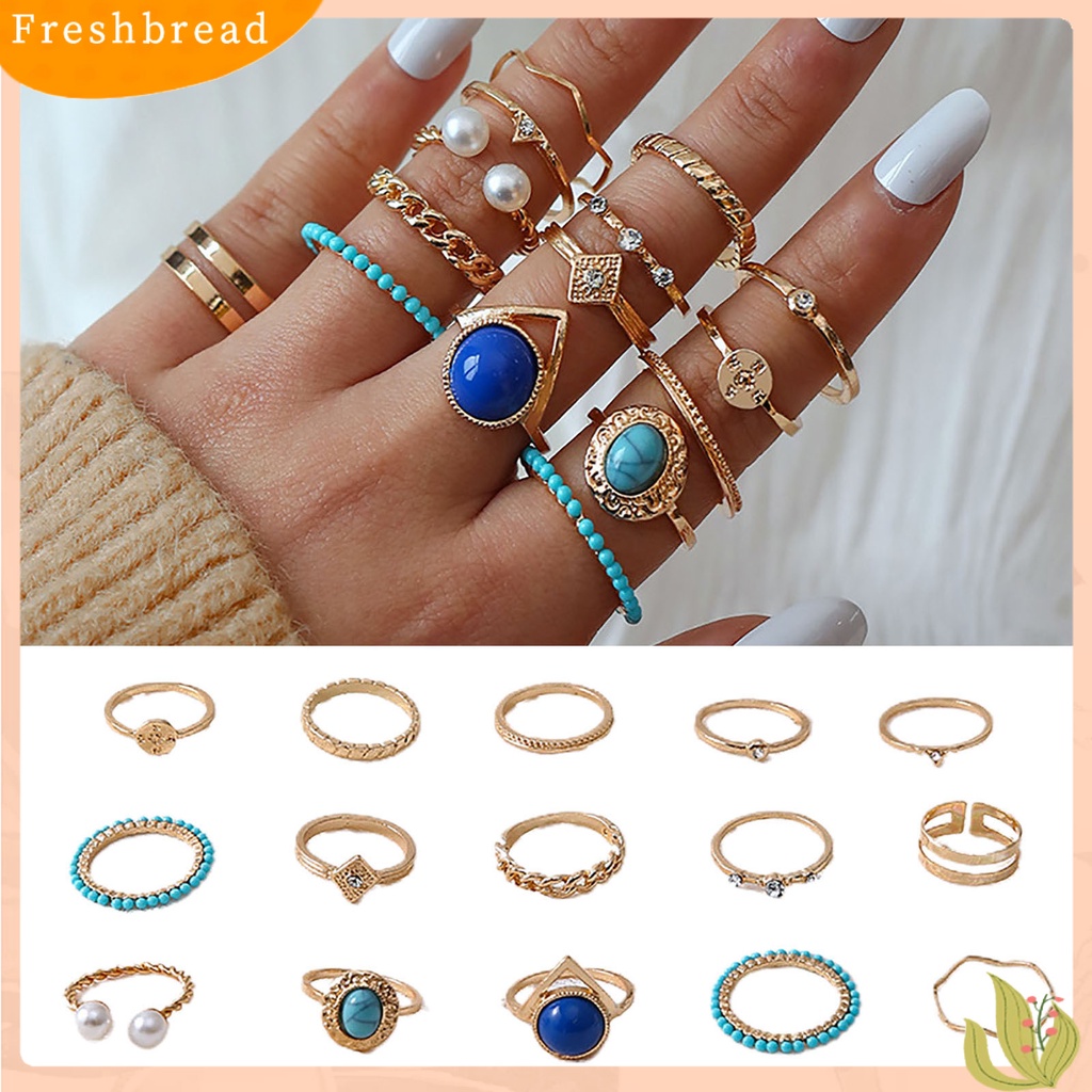 &lt; Freshbread &gt; 15 Pcs Turquoise Faux Pearls Decor Knuckle Rings Wanita Vintage Bersinar Jari Cincin Aksesoris Perhiasan