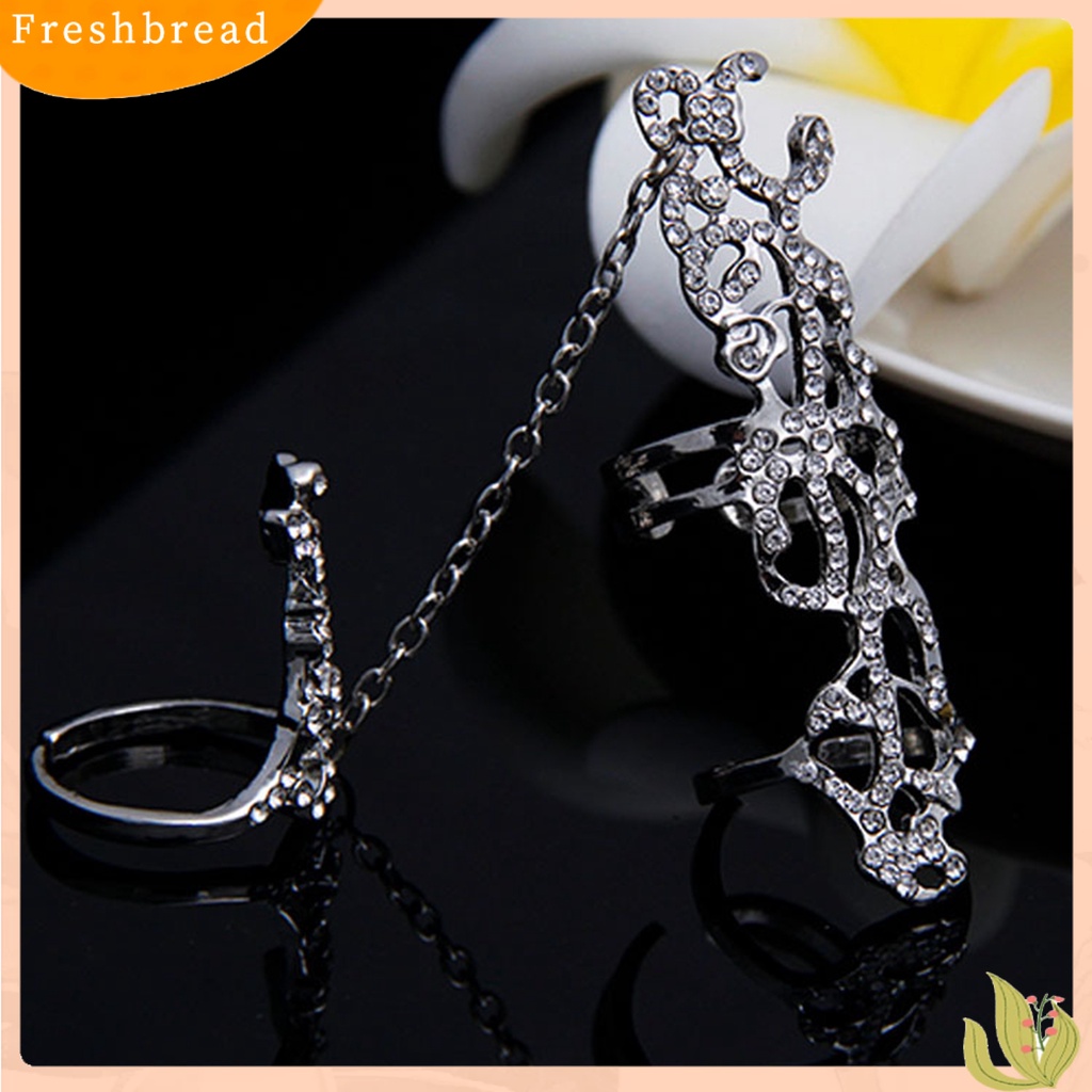 &lt; Freshbread &gt; Cincin Jari Adjustable Berlian Imitasi Tertanam Alloy Hollow Rose Flower Knuckle Chain Ring Untuk Pesta