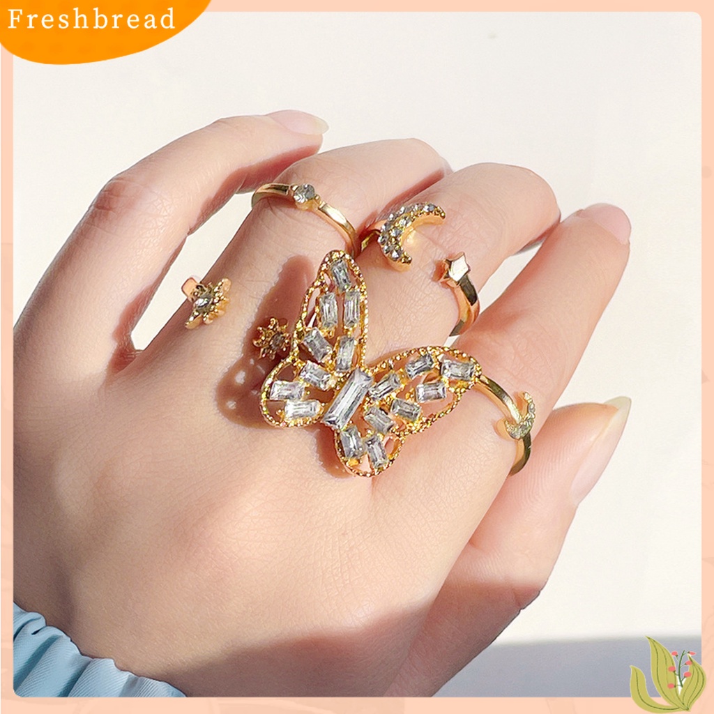 &lt; Freshbread &gt; 5Pcs Cincin Buku Jari Kupu-Kupu Bulan Bintang Perhiasan Stackable Rhinestones Finger Rings Aksesoris Perhiasan