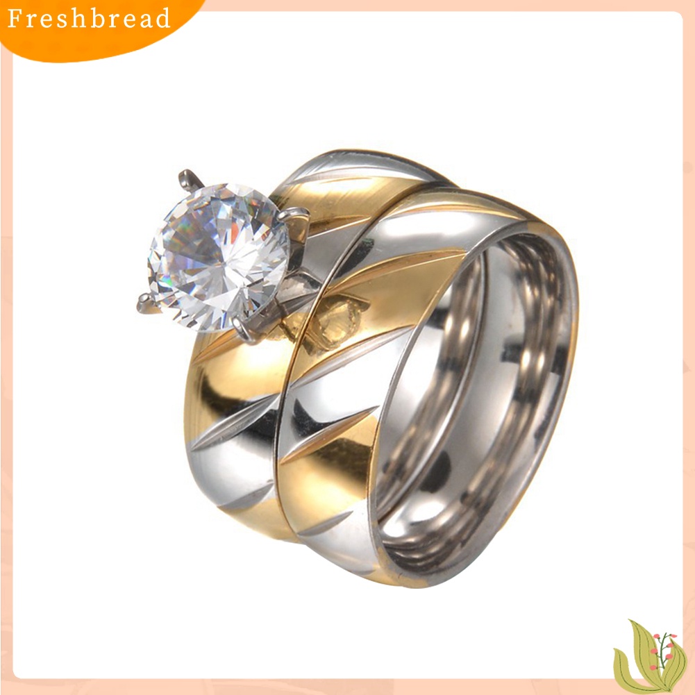 &lt; Freshbread &gt; 1pasang Cubic Zirconia Stainless Steel Matching Pasangan Cincin Perhiasan Hadiah Pernikahan