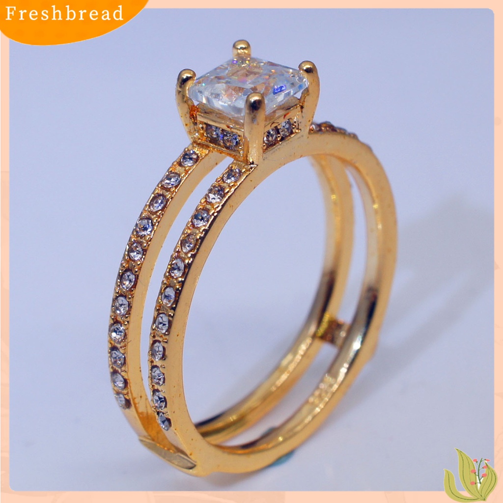 &lt; Freshbread &gt; Wanita Cincin Lapisan Ganda Persegi Berlian Imitasi Perhiasan Fashion Penampilan Indah Jari Cincin Untuk Pernikahan