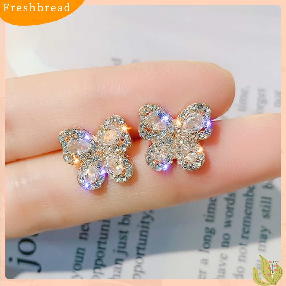 &lt; Freshbread &gt; Wanita Elegan Penuh Berlian Imitasi Bertatahkan Bentuk Kupu-Kupu Stud Earrings Perhiasan Hadiah