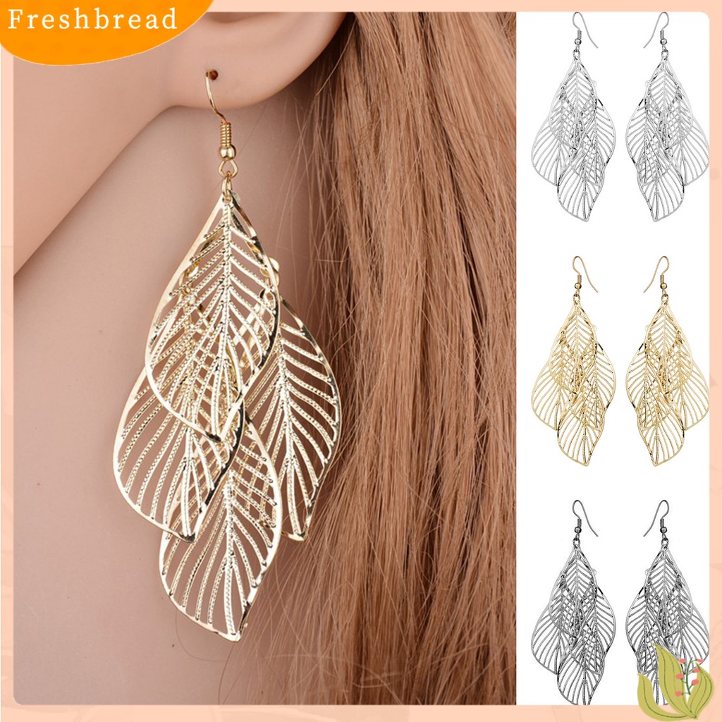 &lt; Freshbread &gt; 1pasang Lady Menjuntai Anting Stainless Indah Curled Tepi Berongga Keluar Bentuk Daun Anting Gantung Perhiasan Perempuan