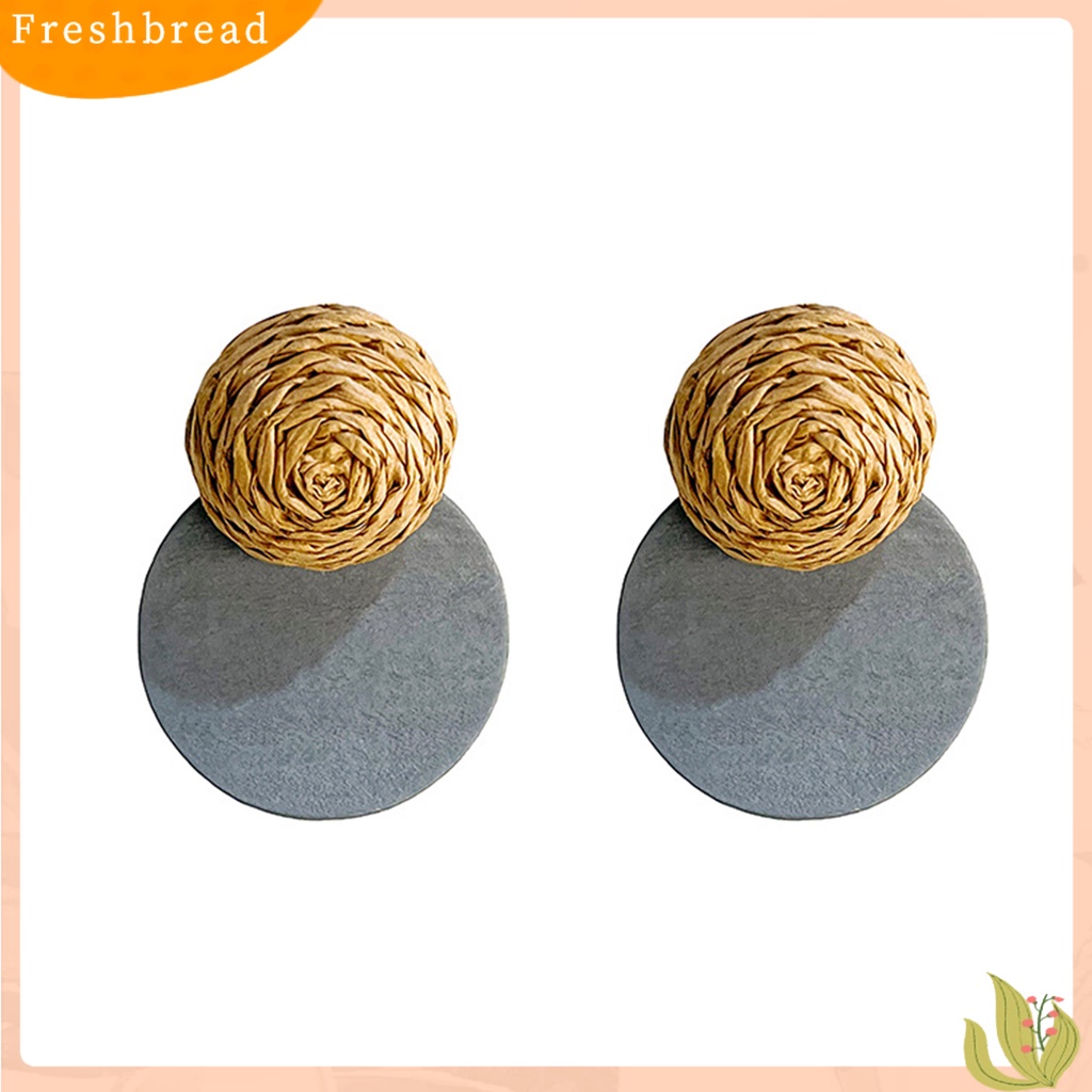 &lt; Freshbread &gt; 1pasang Ear Studs Retro Rustic Gaya Simple Kasual Artistik Kayu Cincin Berongga Raffia Straw Splicing Women Earrings Untuk Pacaran