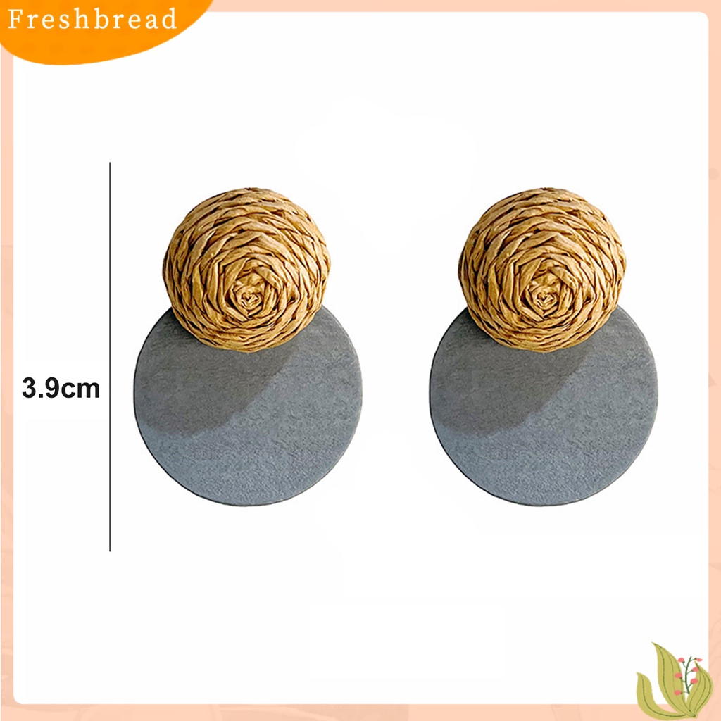 &lt; Freshbread &gt; 1pasang Ear Studs Retro Rustic Gaya Simple Kasual Artistik Kayu Cincin Berongga Raffia Straw Splicing Women Earrings Untuk Pacaran