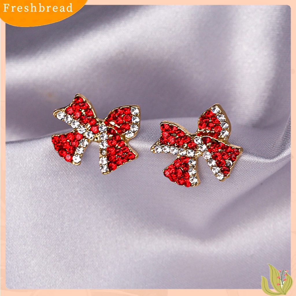 &lt; Freshbread &gt; 1pasang Anting Tusuk Bentuk Busur Berlian Imitasi Perhiasan Manis Tahan Lama Ear Studs Untuk Pakaian Sehari-Hari