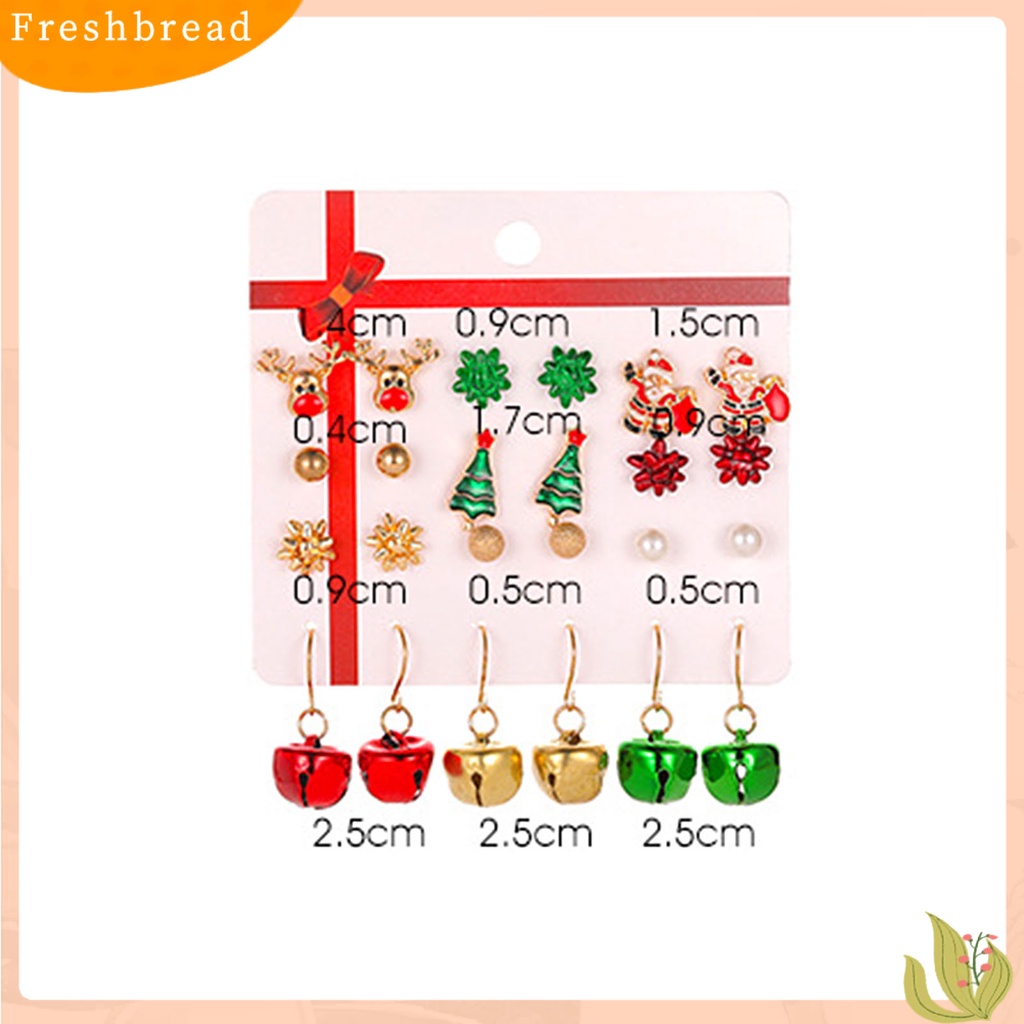 &lt; Freshbread &gt; 12pasang Anting Natal Warna-Warni Indah Bell Elk Stud Earrings Untuk Tahun Baru