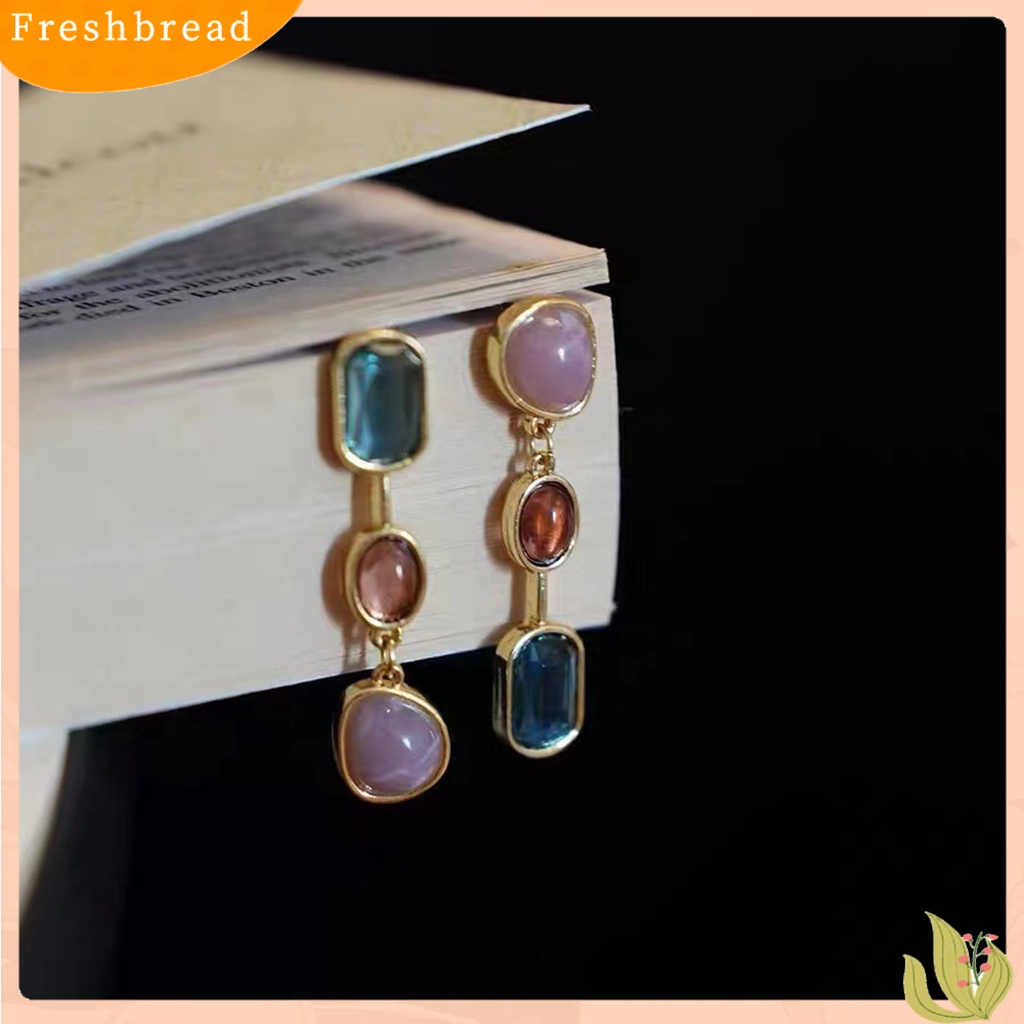 &lt; Freshbread &gt; 1pasang Anting Menjuntai Medieval Asimetris Elegan Warna Kontras Batu Alam Drop Earrings Aksesoris Perhiasan