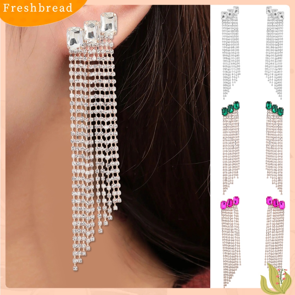 &lt; Freshbread &gt; 1pasang Anting Rumbai Berlian Imitasi Bersinar Wanita Bridal Drop Menjuntai Earrings Untuk Pakaian Sehari-Hari