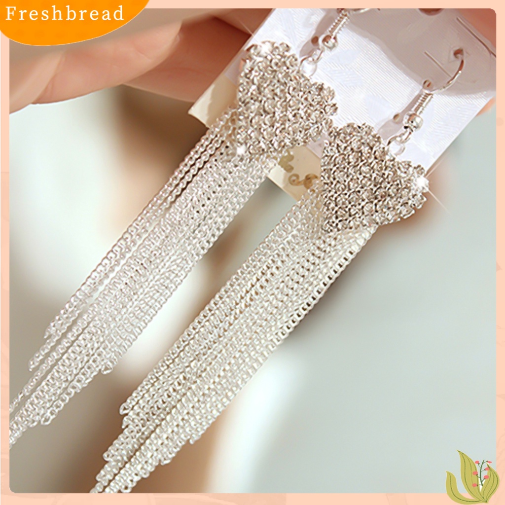 &lt; Freshbread &gt; Anting Linear Love Bentuk Hati Hias Berlian Imitasi Wanita Jumbai Panjang Menjuntai Kait Earrings Perhiasan Untuk Pesta