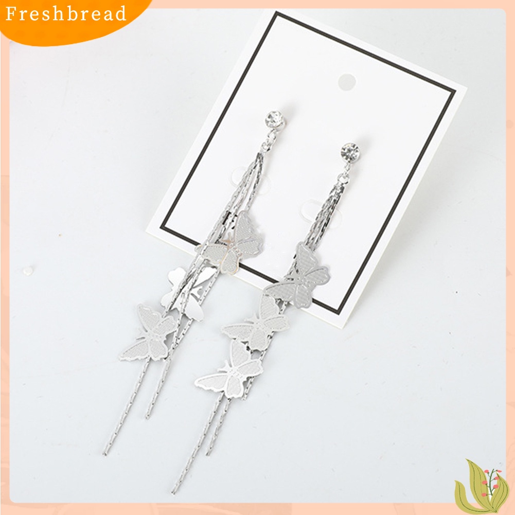 &lt; Freshbread &gt; Fashion Wanita Kupu-Kupu Rumbai Panjang Menjuntai Berlian Imitasi Stud Earrings Jewelry