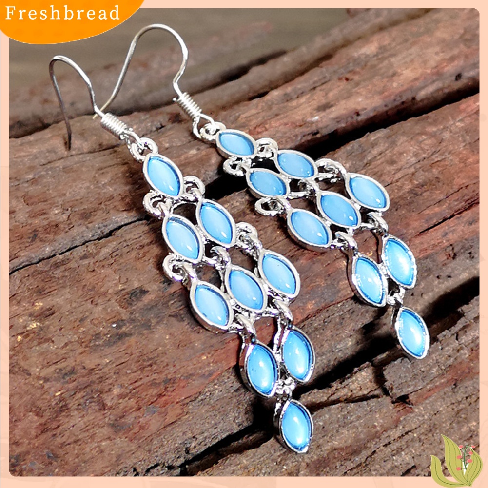 &lt; Freshbread &gt; Fashion Cat Eye Faux Moonstone Menjuntai Panjang Wanita Anting Kait Perhiasan Pesta