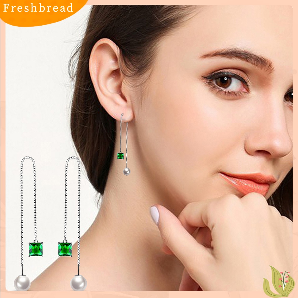 < Freshbread > Wanita Perak Berlapis Tipis Rantai String Menjuntai Garis Panjang Liner Threader Earrings